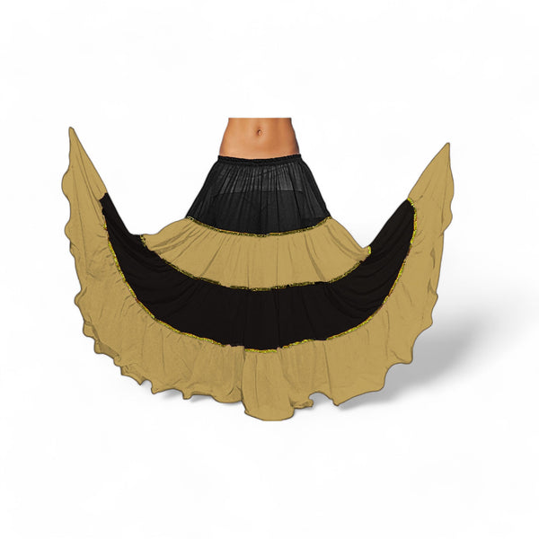 16 Yard 4-Tier Belly Dance 2-Color Skirt with Gold Trim | Tribal Fusion Gypsy C6
