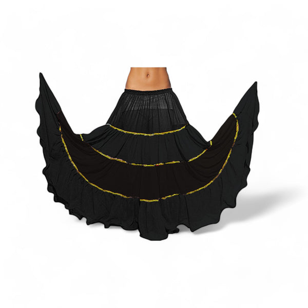 16 Yard 4-Tier Belly Dance 2-Color Skirt with Gold Trim | Tribal Fusion Gypsy C6