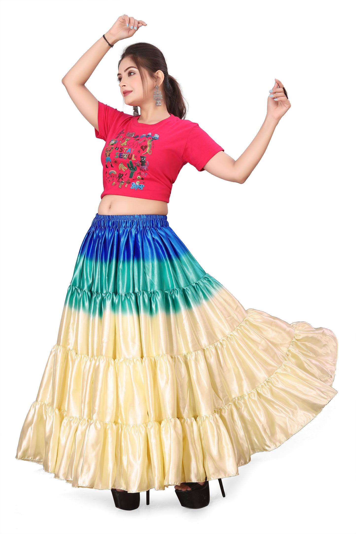 Satin 25 Yard 4 Tier Skirt Multi Color Skirt Belly Dance Skirt KF13-1