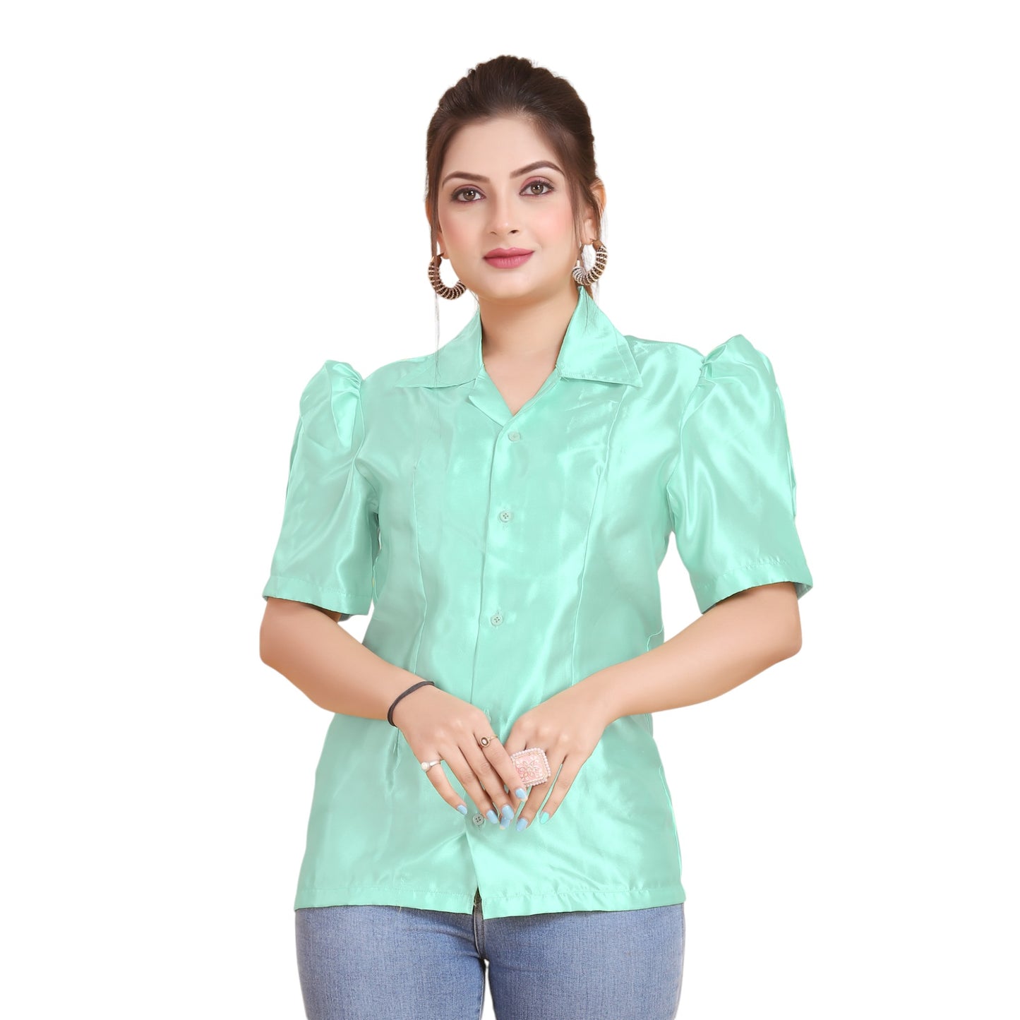 Satin Puff Sleeve Button Down  Shirt  S80 - Regular size 1