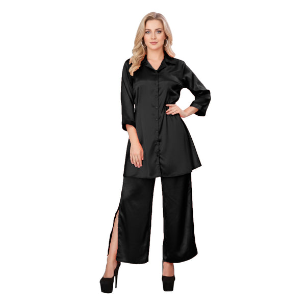Black Satin Shirt & Self Tie Palazzo Set, Button Down Co-ord S-3XL (S137).