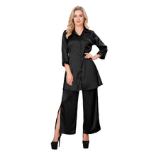 Black Satin Shirt & Self Tie Palazzo Set, Button Down Co-ord S-3XL (S137).