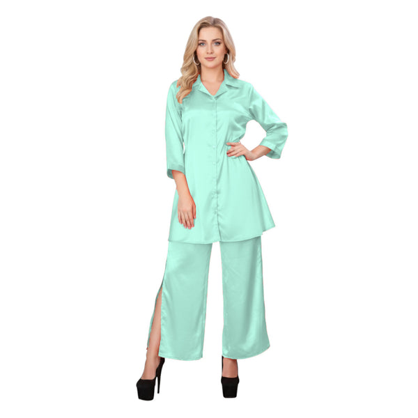 Brown Satin Button Down Co-ord, elegant shirt and palazzo set.