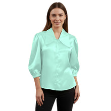 Satin Big Collar Button Down Shirt | Fancy 3/4 Sleeve Top S-3XL S89