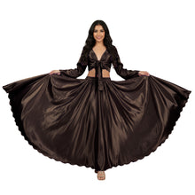 Dark Green Satin Belly Dance Set, sophisticated full circle skirt and long sleeve top.