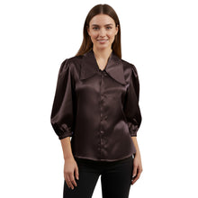 Satin Big Collar Button Down Shirt | Fancy 3/4 Sleeve Top S-3XL S89