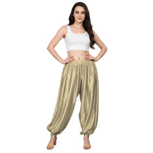 Gold Satin Boohoo Harem Pants, shimmering genie costume trousers.