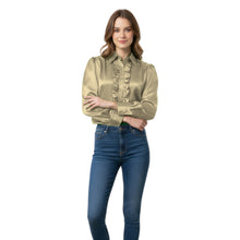 Gold Satin Vintage Button Down, shimmering elegant blouse.