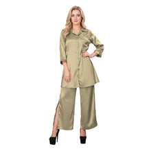 Dark Green Satin Co-ord Set, sophisticated evening shirt and pant.