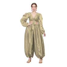 Gold Satin Belly Dance Costume, shimmering harem and ruffle set.