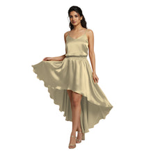 Gold Satin High-Low Skirt, shimmering elegant flowy maxi.