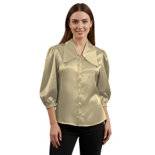 Satin Big Collar Button Down Shirt | Fancy 3/4 Sleeve Top S-3XL S89