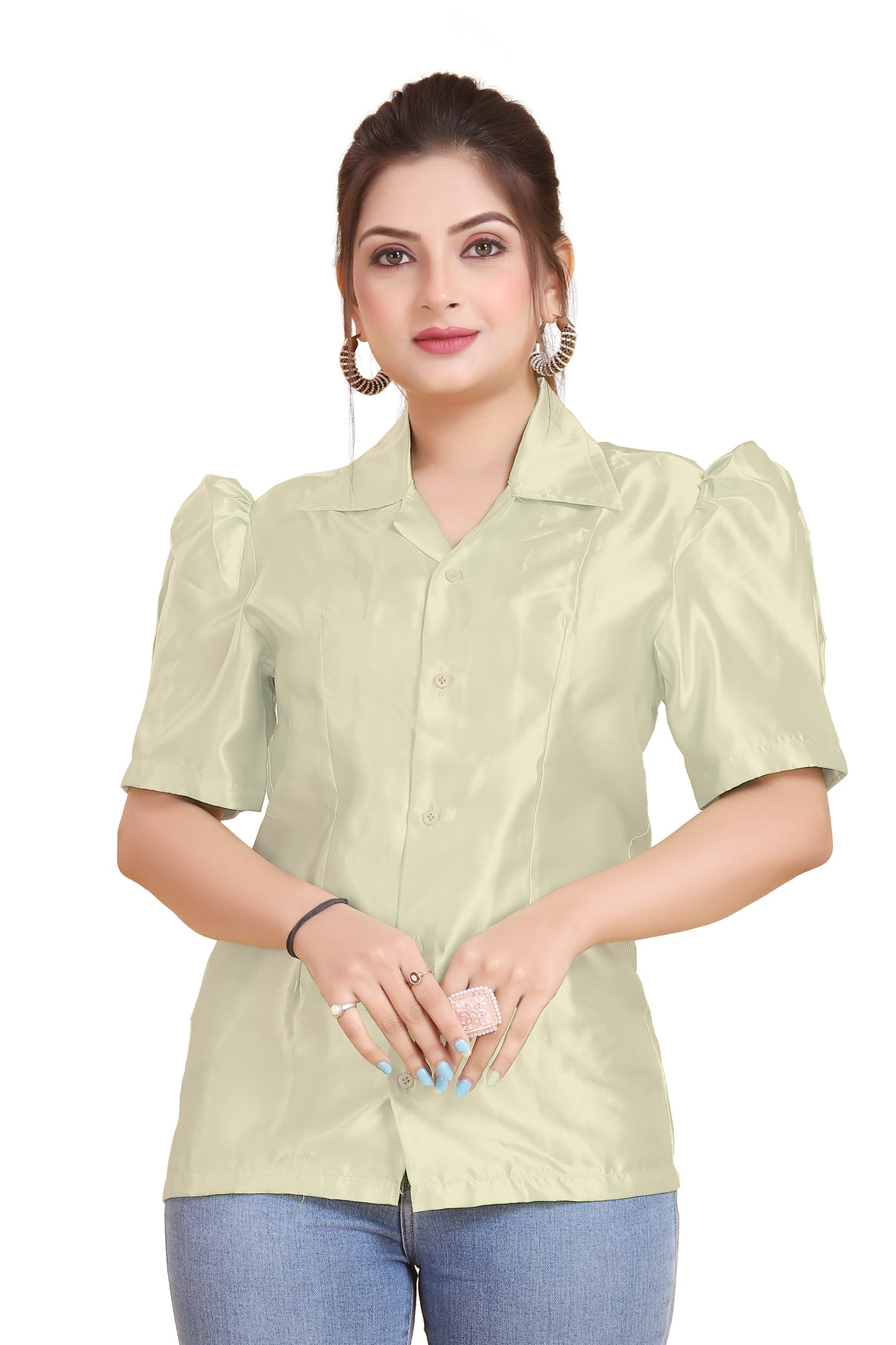 Satin Puff Sleeve Button Down Shirt S80 - Regular size 1