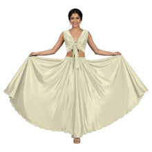 Gold Satin Belly Dance Costume, shimmering circle skirt and ruffle set.