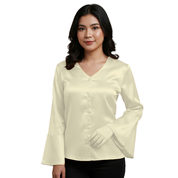 Satin Flare Sleeve Button Down Top | Dramatic Blouse S-3XL | 41 Colors S82