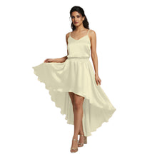 Golden Satin Asymmetrical Skirt, festive high-low maxi.