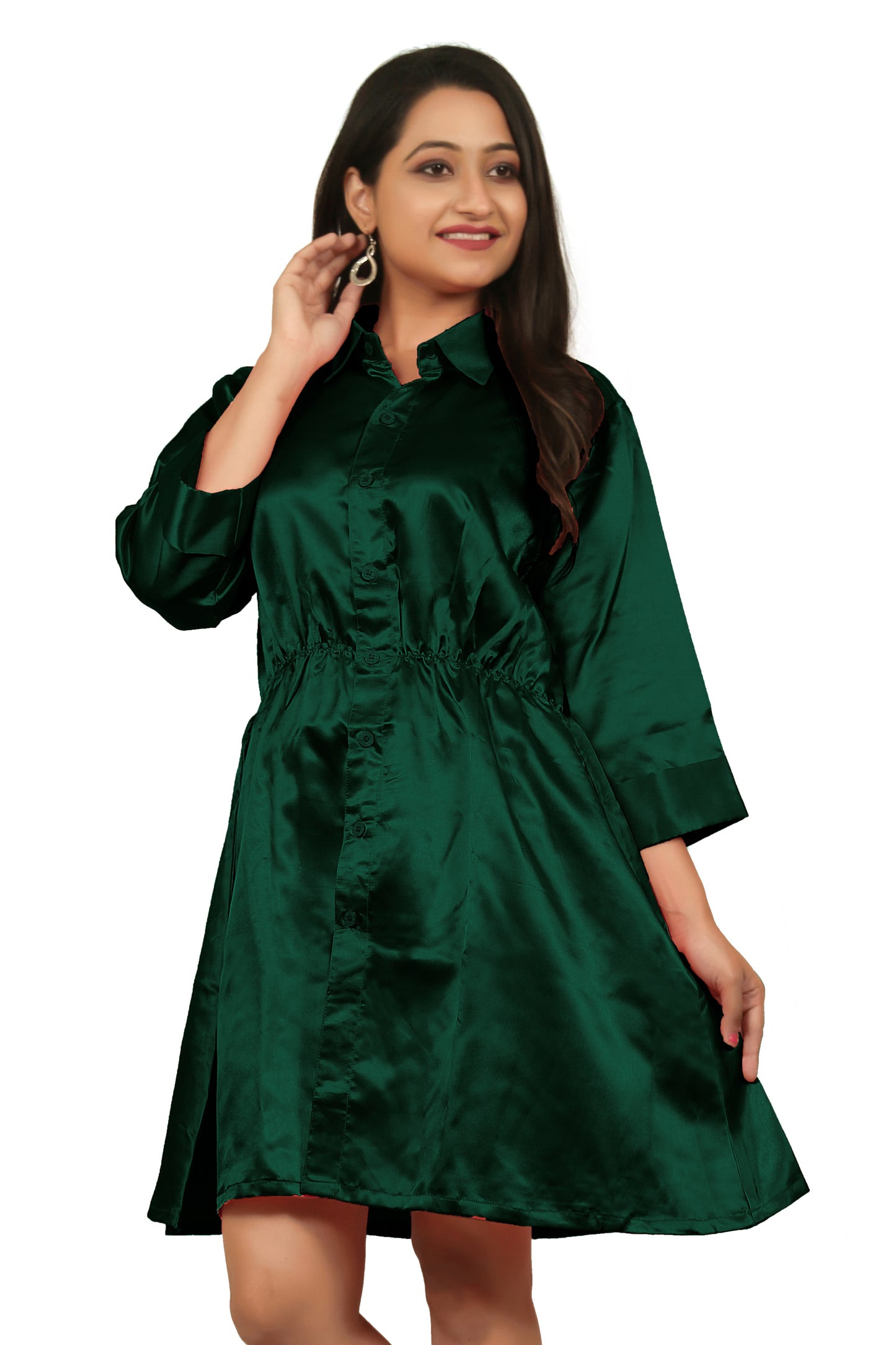 Satin Long Sleeve Button Down Long Shirt Dress S115 - Regular size 1