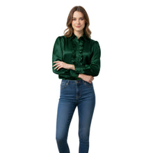 Green Satin Vintage Blouse, elegant button down S-3XL.