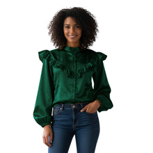 Golden Satin Button Down Shirt, festive long sleeve blouse.