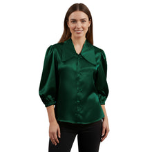 Satin Big Collar Button Down Shirt | Fancy 3/4 Sleeve Top S-3XL S89