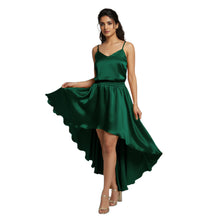Green Satin High-Low Skirt, elegant flowy maxi S-5XL.