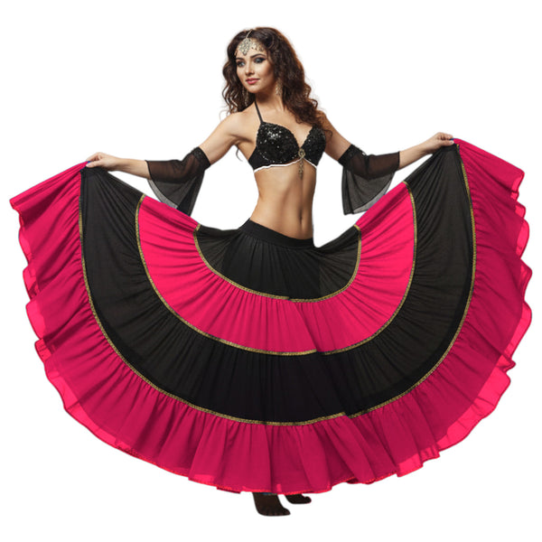 16 Yard 4-Tier Belly Dance 2-Color Skirt with Gold Trim | Tribal Fusion Gypsy C6