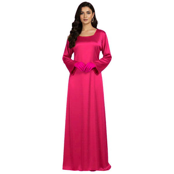 Satin Long Sleeve Modest Gown | Full Length Hijab Dress S-3XL | 41 Colors S121