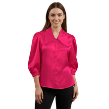 Satin Big Collar Button Down Shirt | Fancy 3/4 Sleeve Top S-3XL S89