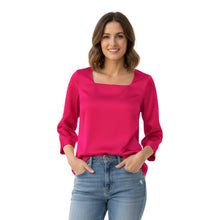 Satin Square Neck Top | 3/4 Sleeve Chic Blouse S-3XL | 41 Colors S114