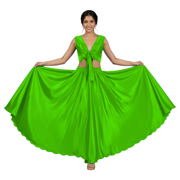 Black Satin Full Circle Skirt & Ruffle Top Set, Belly Dance Costume S-3XL (S130).