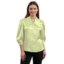 Satin Big Collar Button Down Shirt | Fancy 3/4 Sleeve Top S-3XL S89