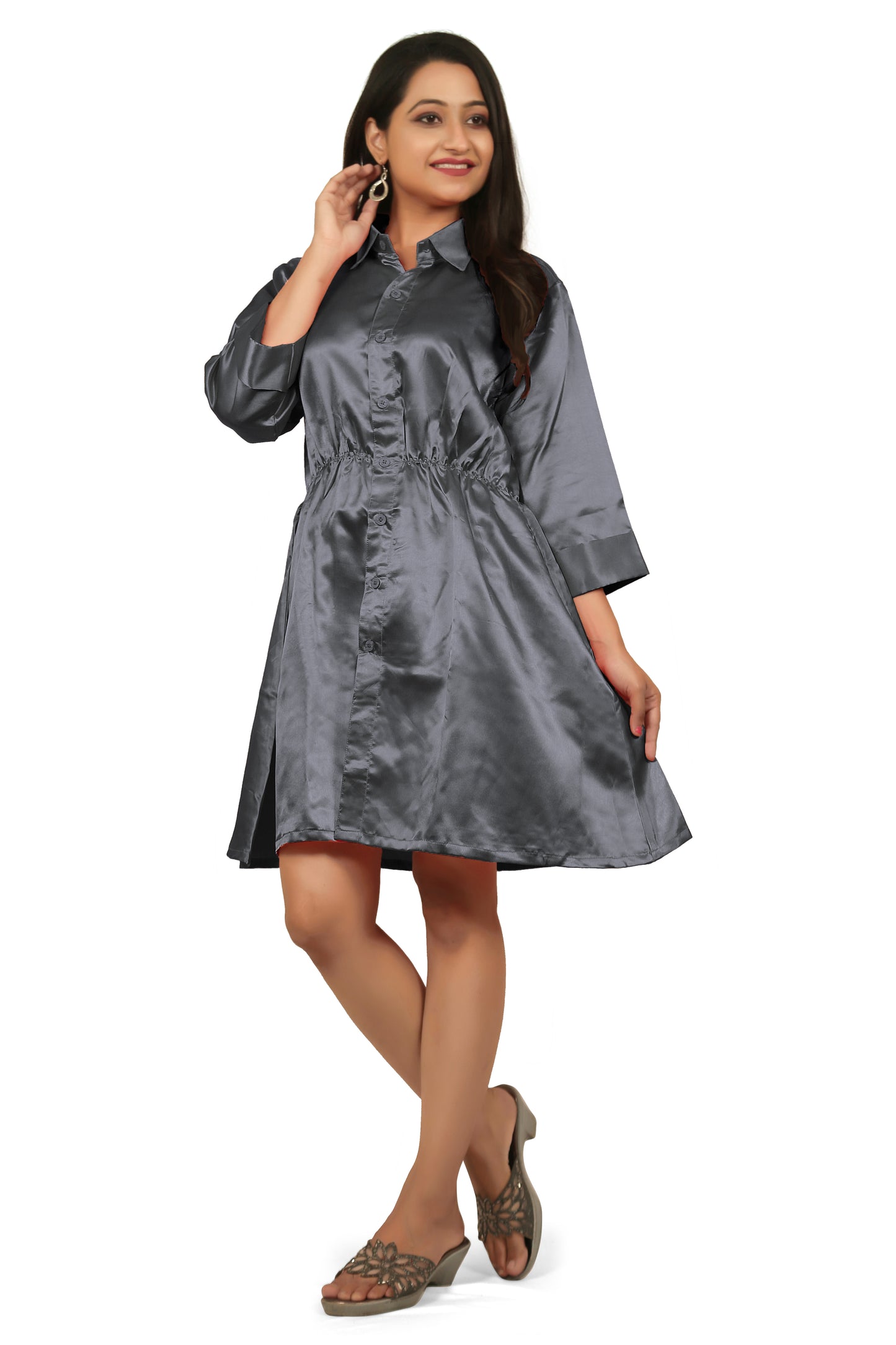 Satin Long Sleeve Button Down Long Shirt Dress S115 - Regular size 3