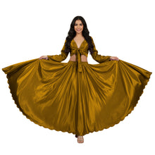 Light Gold Satin Skirt Set, elegant metallic full sleeve dance costume.