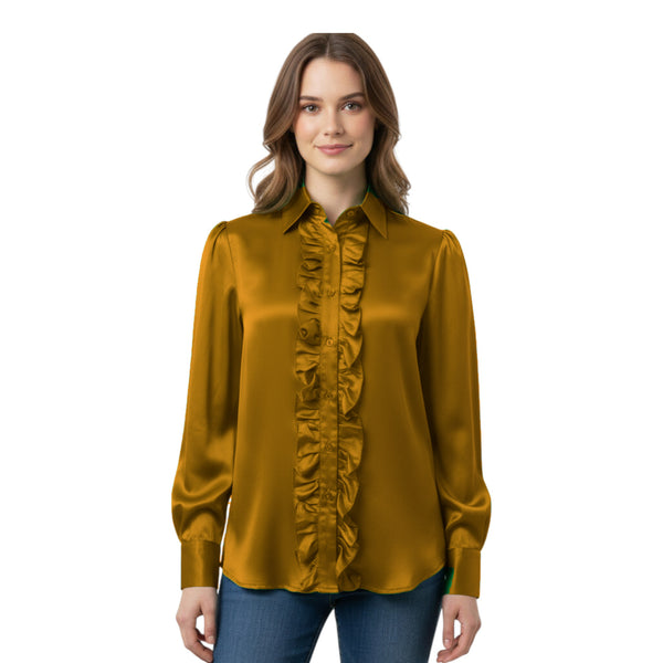 Brown Satin Vintage Button Down, elegant retro style blouse.