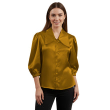 Satin Big Collar Button Down Shirt | Fancy 3/4 Sleeve Top S-3XL S89