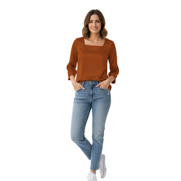 Satin Square Neck Top | 3/4 Sleeve Chic Blouse S-3XL | 41 Colors S114