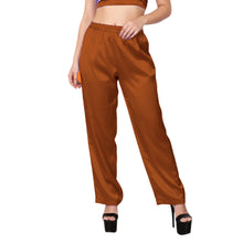 Brown Satin Flowy Lounge Trousers, elegant casual bottoms.
