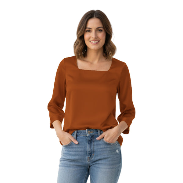 Satin Square Neck Top | 3/4 Sleeve Chic Blouse S-3XL | 41 Colors S114