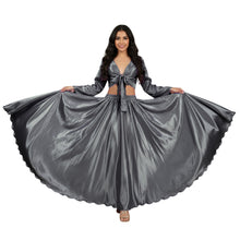 Medium Purple Satin Skirt Set, chic long sleeve top and maxi skirt.