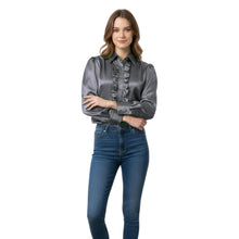 Medium Purple Satin Vintage Blouse, chic button down top.