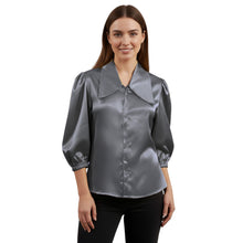 Satin Big Collar Button Down Shirt | Fancy 3/4 Sleeve Top S-3XL S89