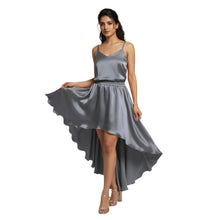 Navy Blue Satin High-Low Skirt, sophisticated formal maxi.