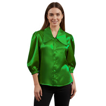 Satin Big Collar Button Down Shirt | Fancy 3/4 Sleeve Top S-3XL S89