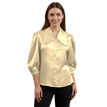 Satin Big Collar Button Down Shirt | Fancy 3/4 Sleeve Top S-3XL S89