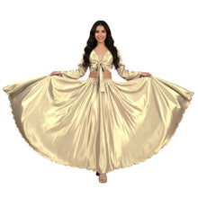 Navy Blue Satin Belly Dance Costume, sophisticated full sleeve performance set.