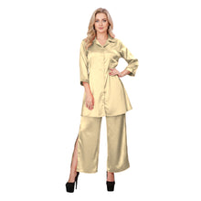 Maroon Satin Shirt & Palazzo Set, versatile elegance S-3XL.