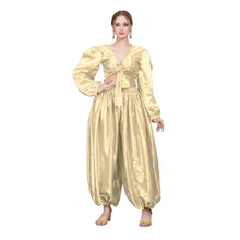 Olive Green Satin Harem Pant Set, elegant dance costume.