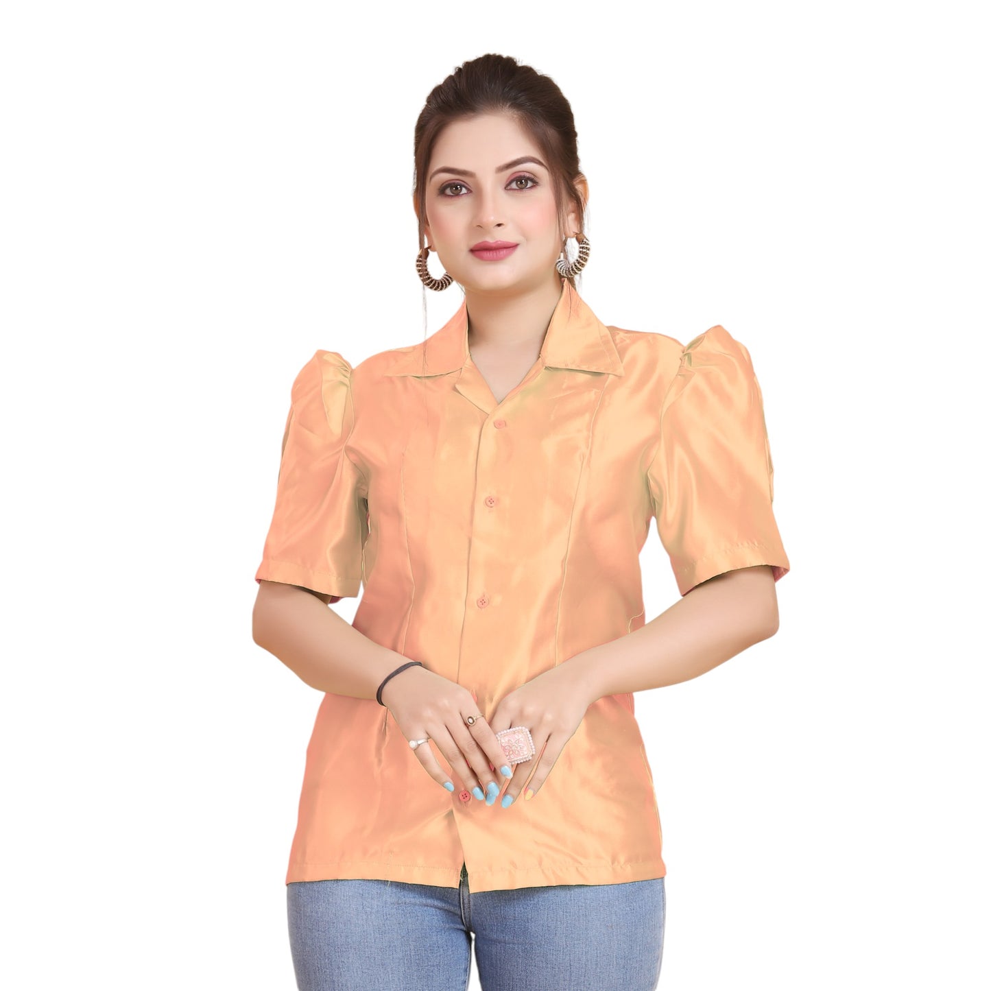 Satin Puff Sleeve Button Down Shirt  S80 - Regular size 2