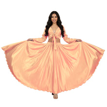 Olive Green Satin Full Circle Skirt Set, elegant long sleeve dance costume.