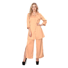 Medium Purple Satin Co-ord Set, chic shirt and wide leg pant.